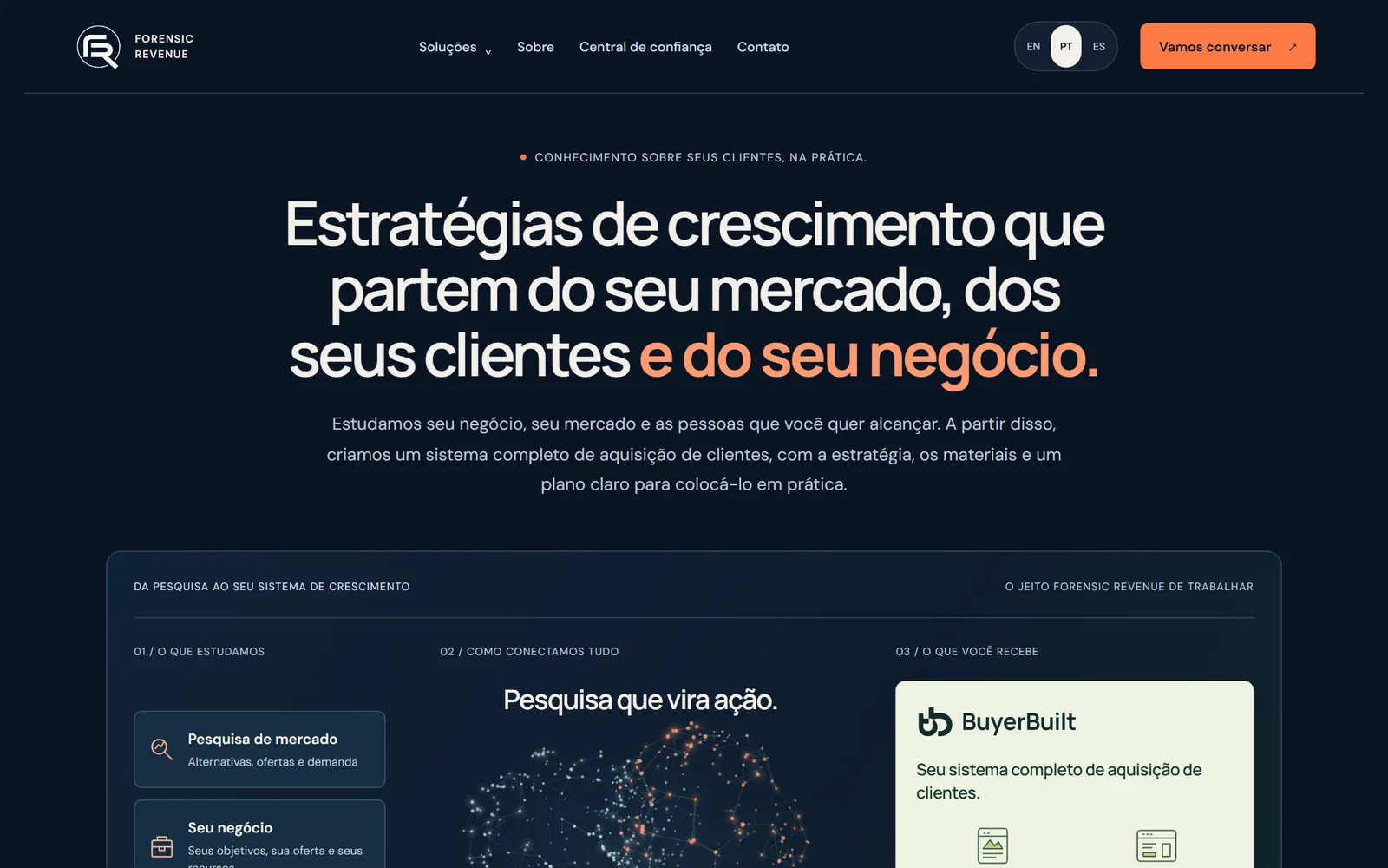 Página inicial da Forensic Revenue em português: título grande em fundo azul-marinho com destaque laranja.
