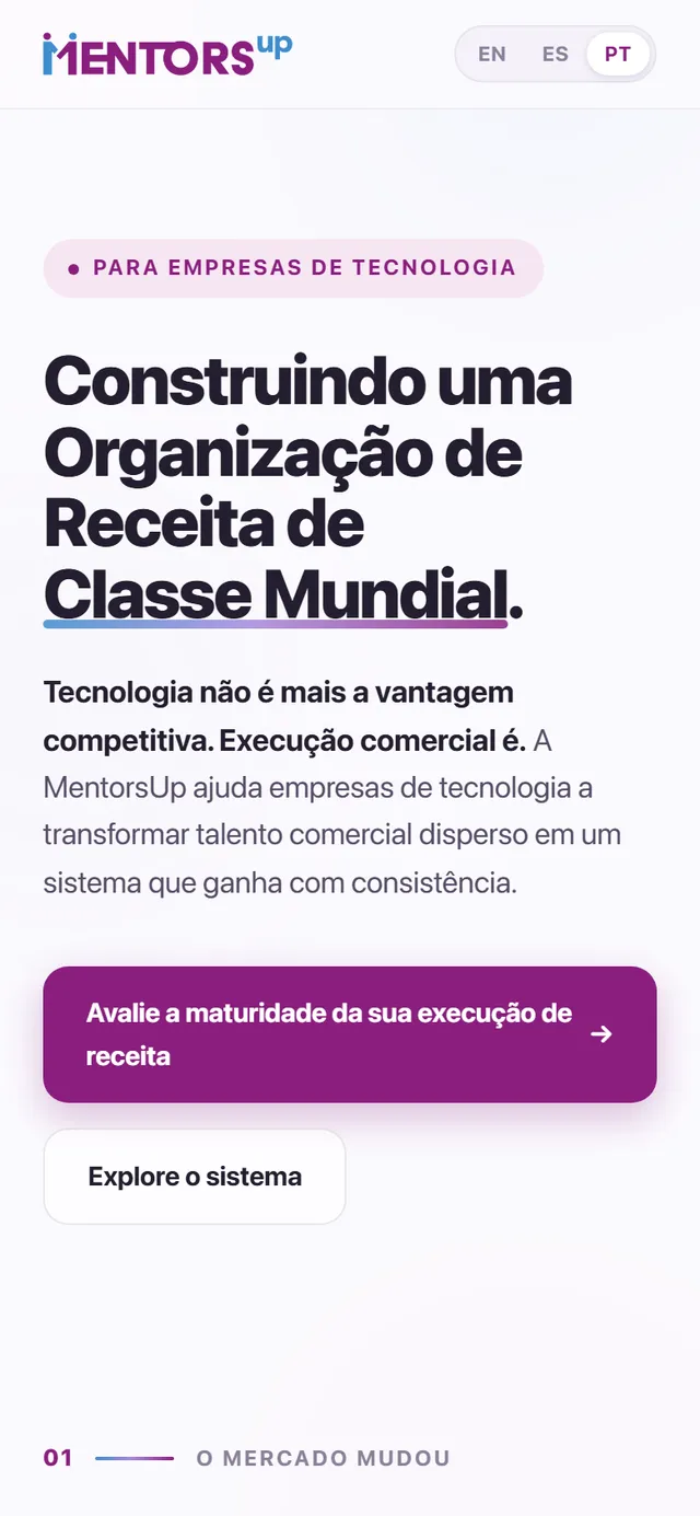 Site da MentorsUp no celular, com o seletor de idioma no topo.