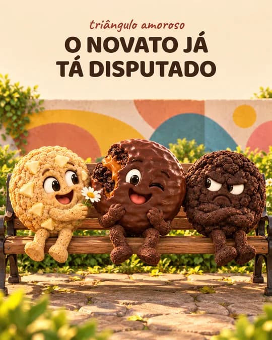Três personagens de cookie num banco de praça: O novato já tá disputado.