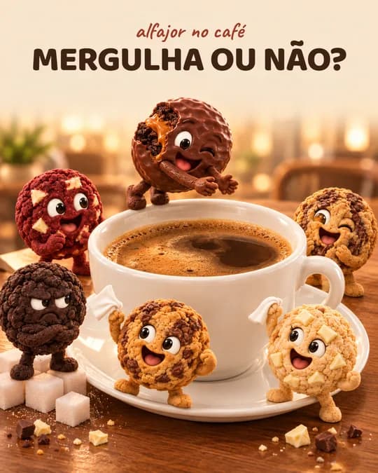 Personagens em volta de uma xícara de café: Mergulha ou não?
